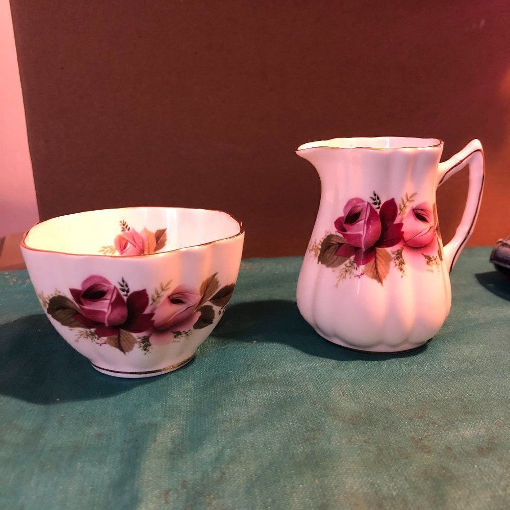 ROSINA FINE BONE CHINA CREAMER AND SUGAR BOWL PINK FLORAL ENGLAND